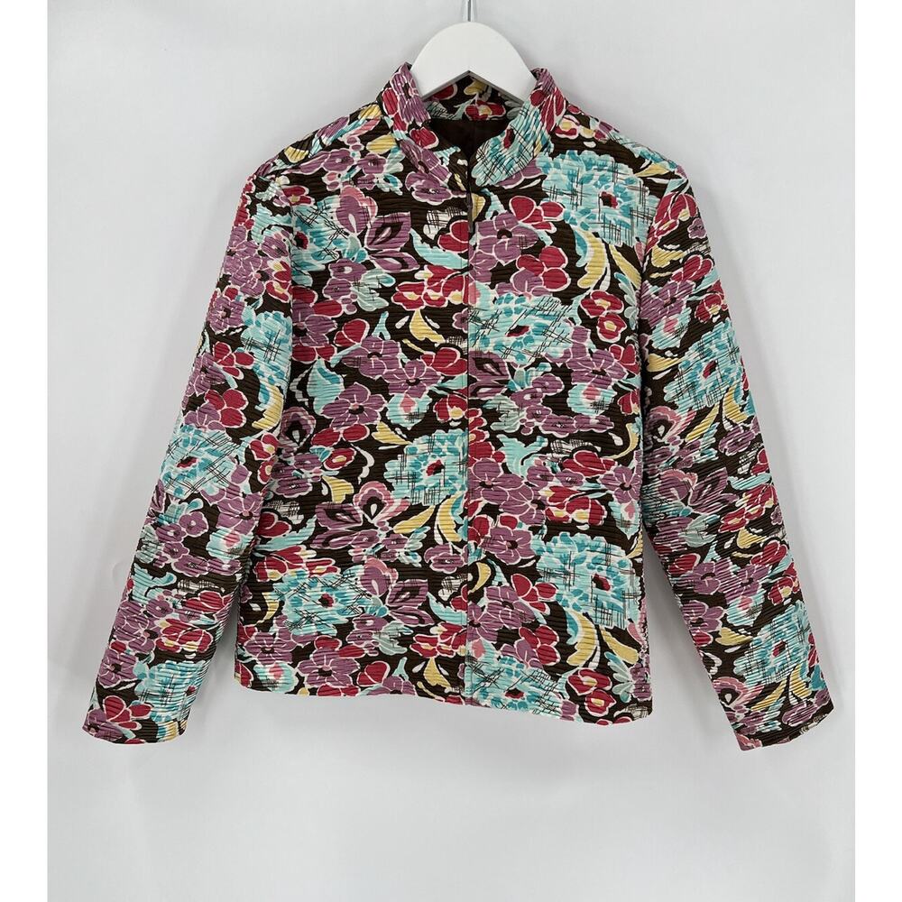 Silk Land Jacket Womens Large Floral Multicolor Pleated Quilt Full Zip Textured